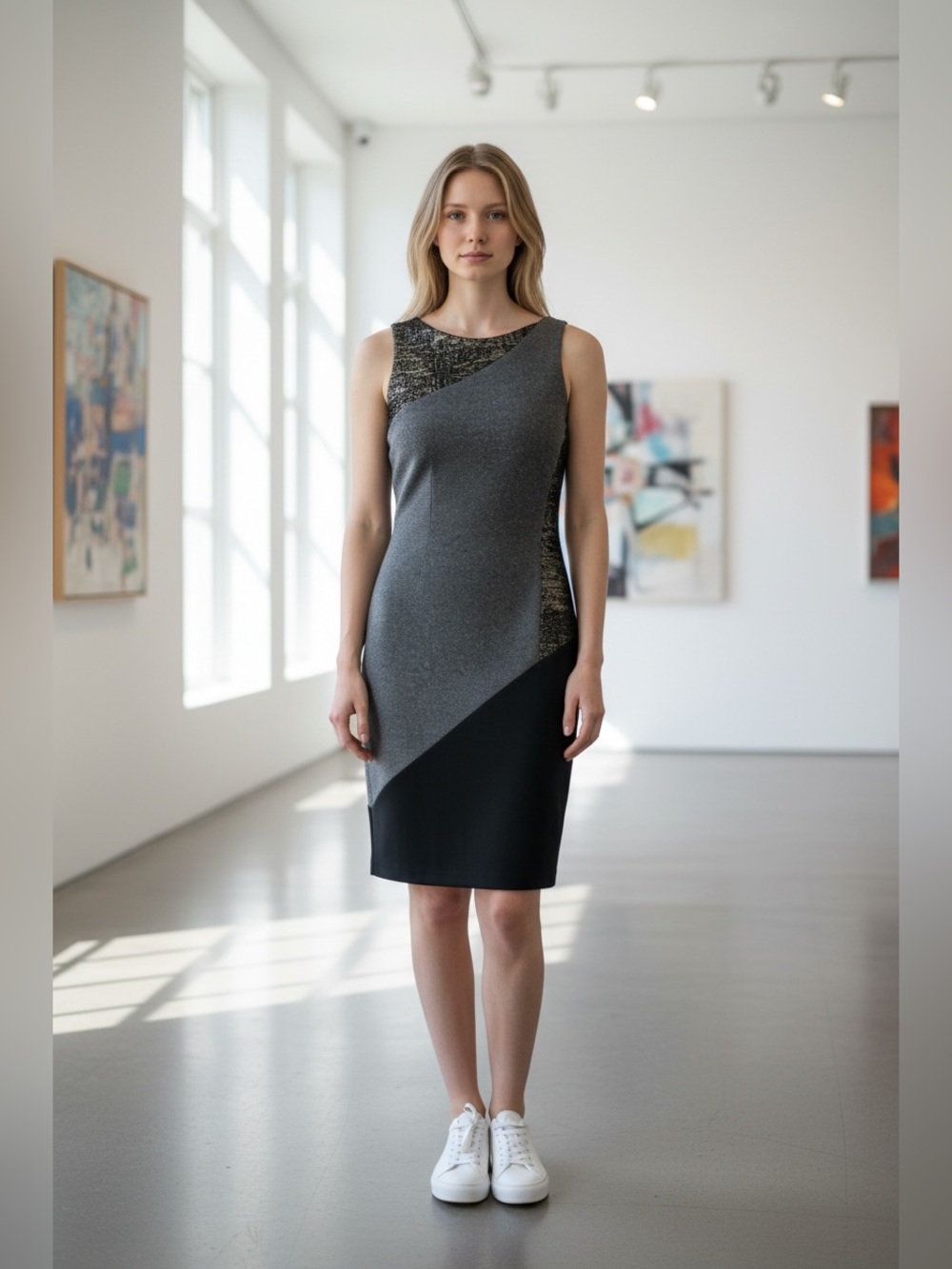 JAYGODFREY Black, Gray and Metallic One-Shoulder Sheath Dress